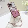 Magnetic For iPhone 17 Pro Max Case 16 14 13 12 11 15 Plus 17Air Glitter Magsafe Clear Plating Strap Crossbody Lanyard Cover