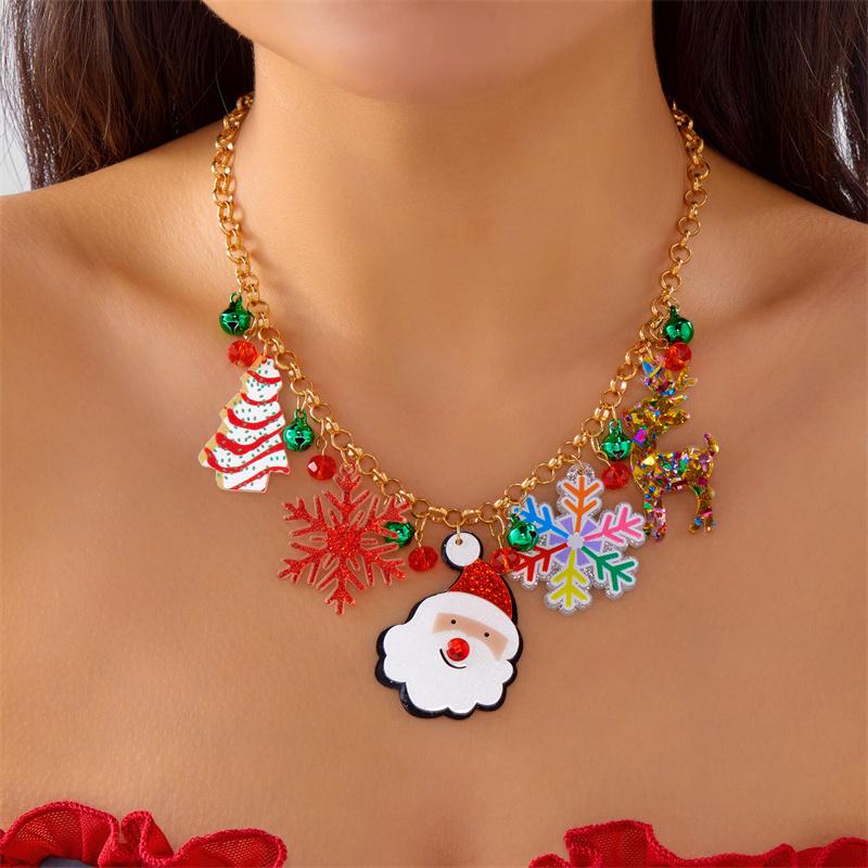 Fashion Christmas Metal Chain Necklace For Women Crystal Zircon Elk Santa Claus Snowman Bell Xmas Tree Pendant Choker Jewelry