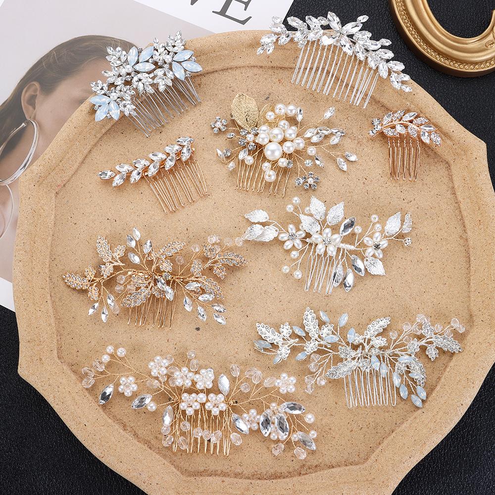 Delicate Pearl Leaves Tiara Wedding Bridesmaid Hair Combs Headpiece Flower Hair Pin Bridal Clips
