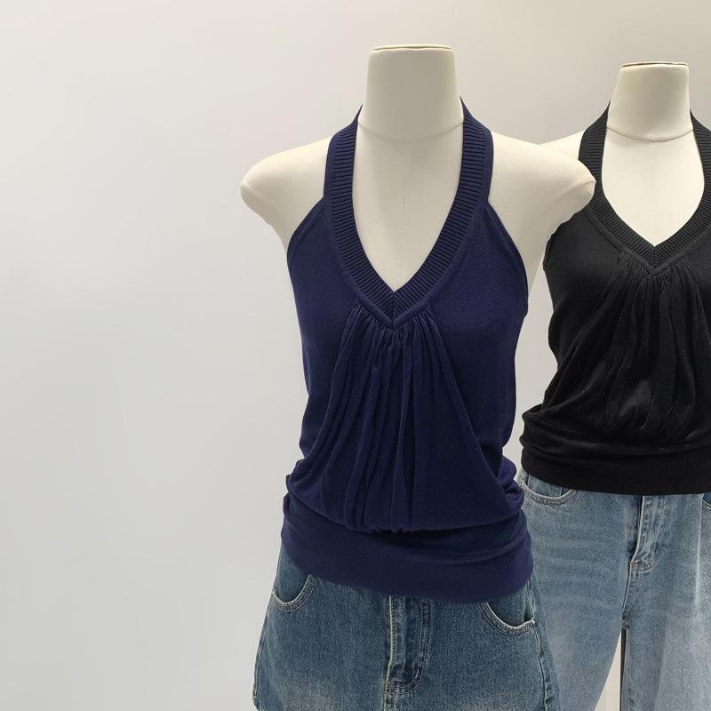 Design-Conscious Pink Pleated Halter Neck V-Neck Open-Back Slim Camisole for Women - New 2026 Summer Style