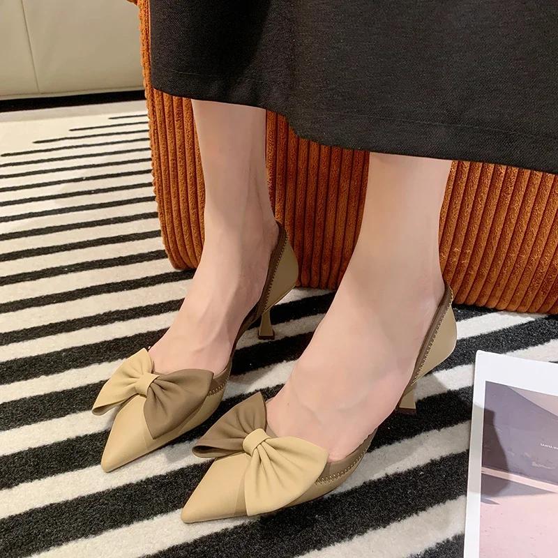 Fashion Women's Fashion Single Shoes Spring New Pointed Head Shallow Mouth Butterfly Knot Collocation Color Slip-on High-heeled Shoes