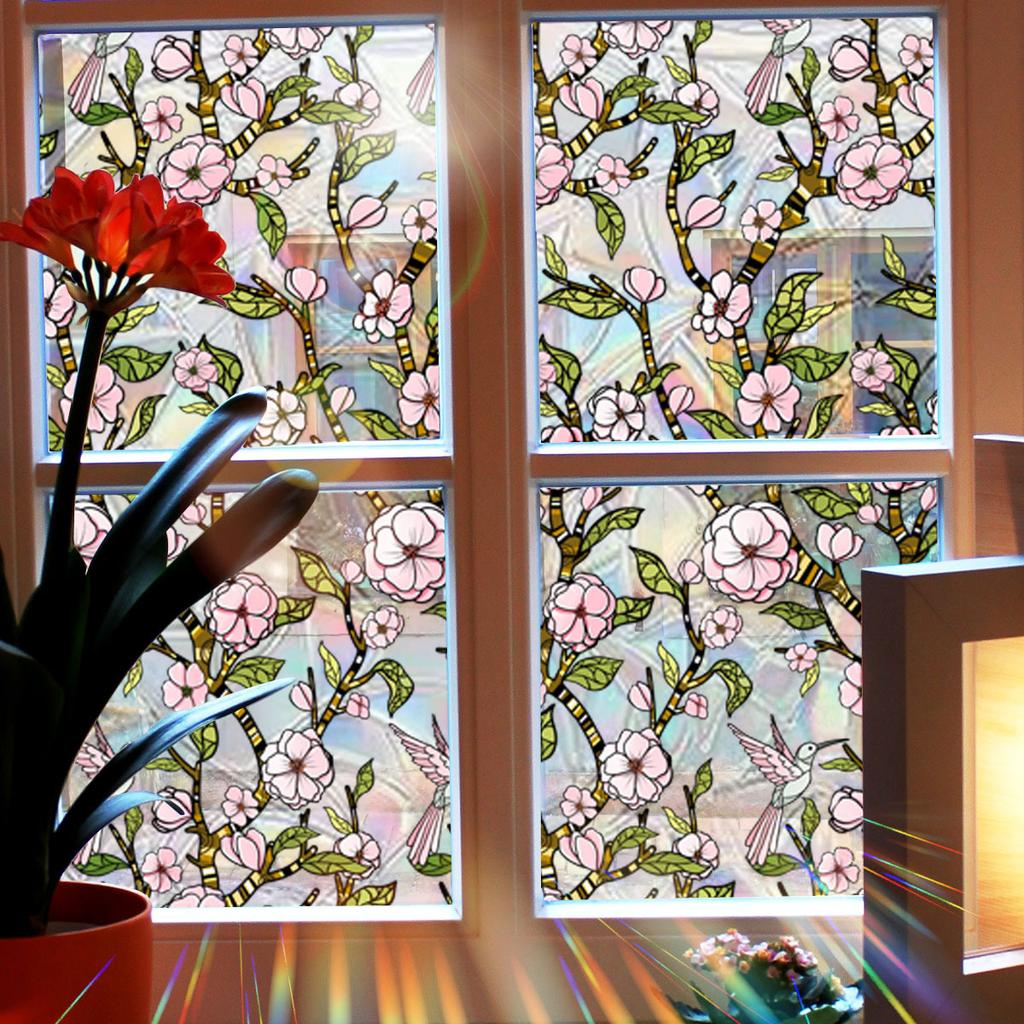 Xc8707 Pink Flower Colorful Sunlight Electrostatic Sticker Double-Sided Visual Window Glass Decorative Sticker