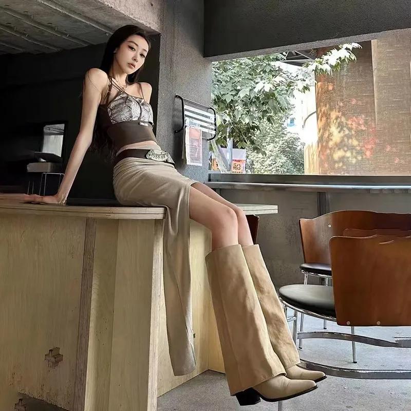 Chunk Leder Hohe Stiefel Damen Kniehoch Spitz Zehen Absatz Schuhe Frau Trend Chelsea Boots Neue Pumps Mujer Schnee Gladiator Stiefel