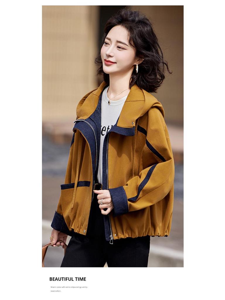 2025 Spring Women's Color Block Hooded Twill Cotton Jacket GE2513