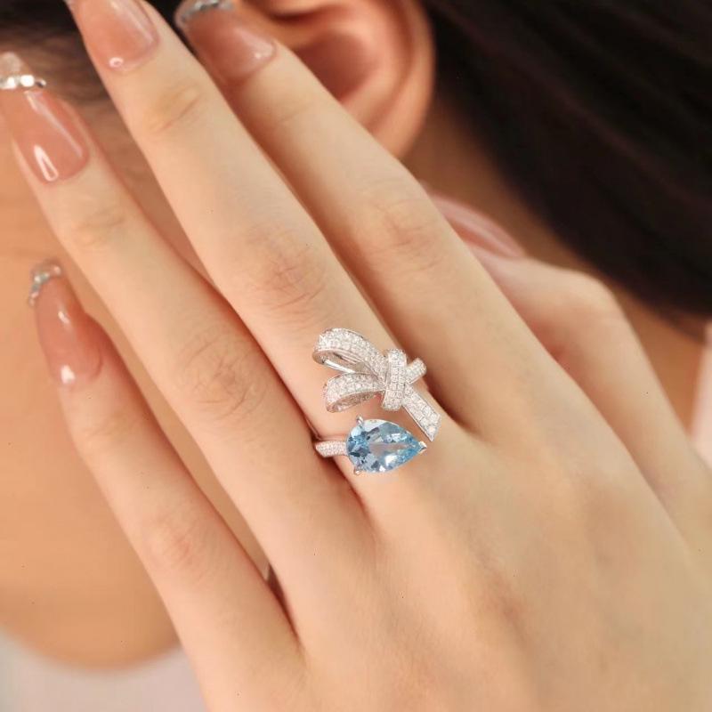Exquisite Cherry Blossom Bow Ring with Pink and Sea Blue Zirconia - Fashionable, Unique, Cross-Border Style Adjustable Opening
