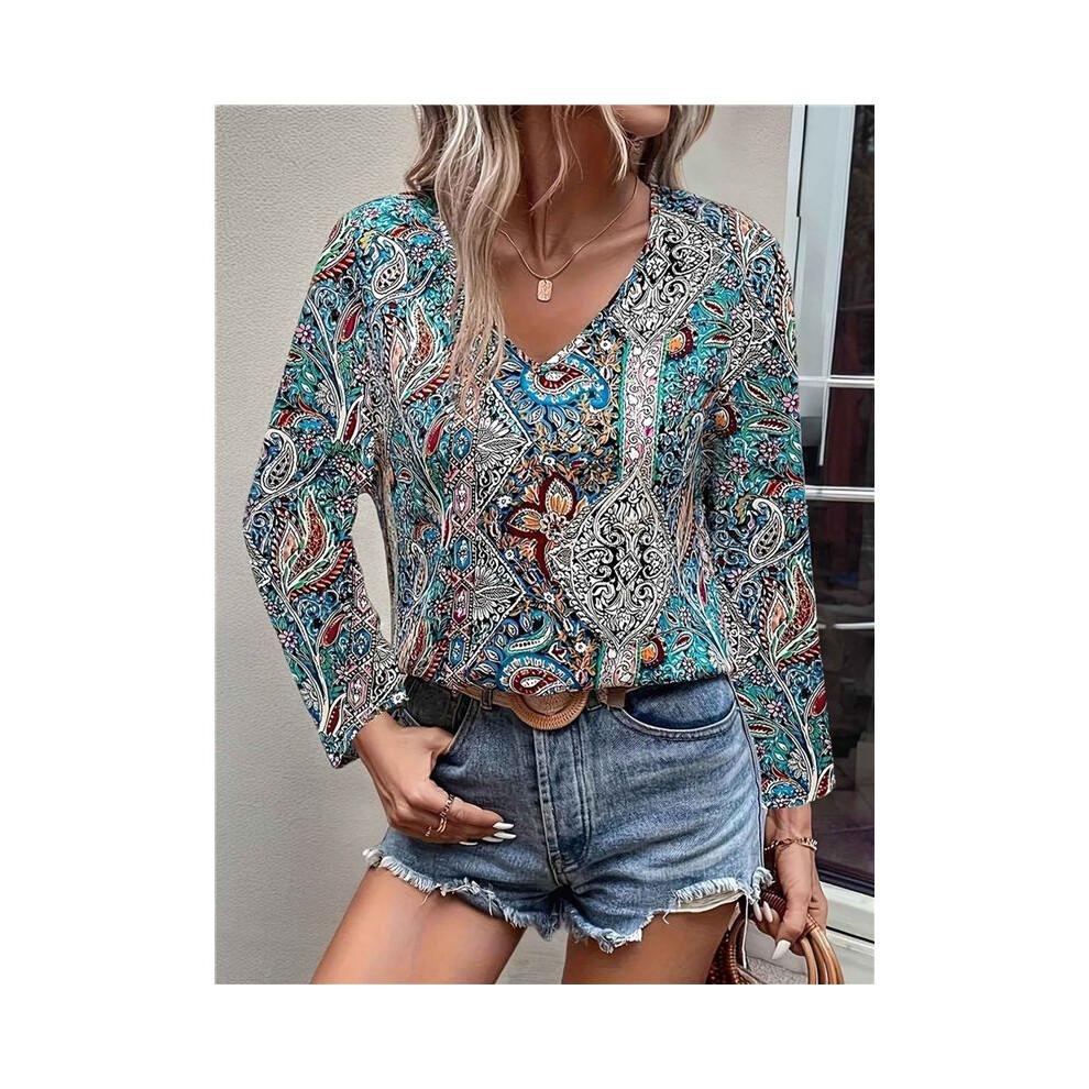 Women'S Bohemian Print V-Neck Long Sleeve Casual Blouses Shirts 1-Mixed Colors XL