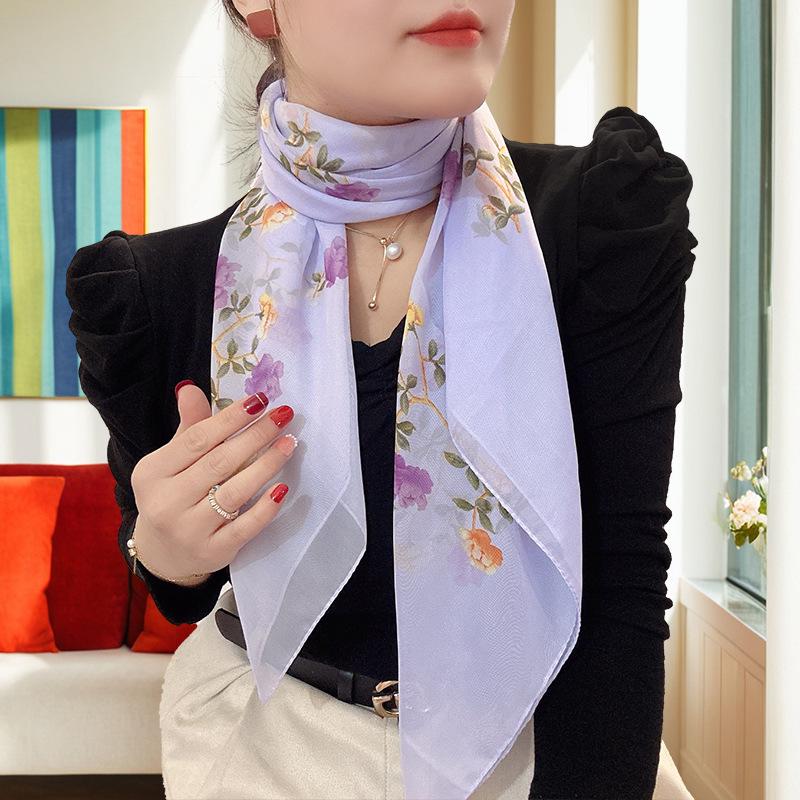 Large 95cm Square Korean Silk Chiffon Scarf for Women - Printed Neck or Head Scarf