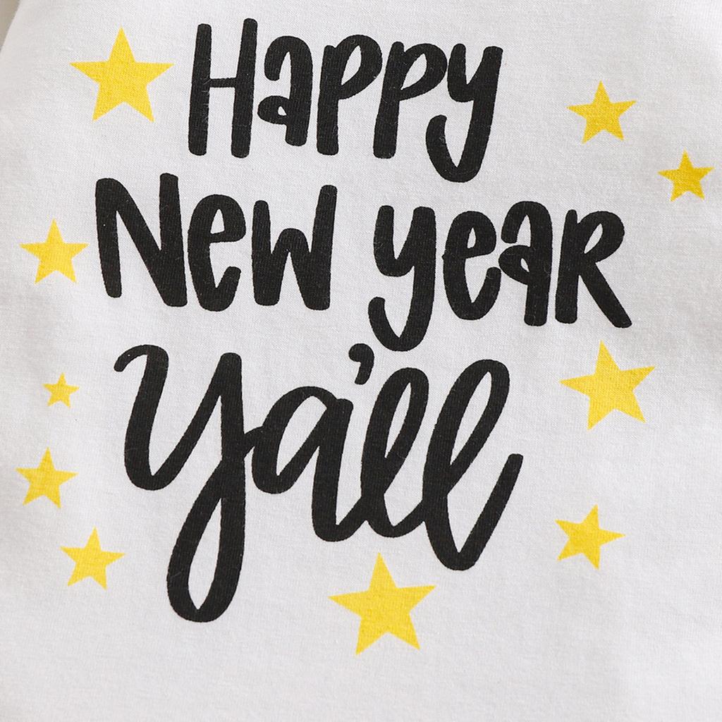 Baby Girl "Happy New Year" Print Cotton Bodysuit Fireworks Print Pants With Headband Outfit Set