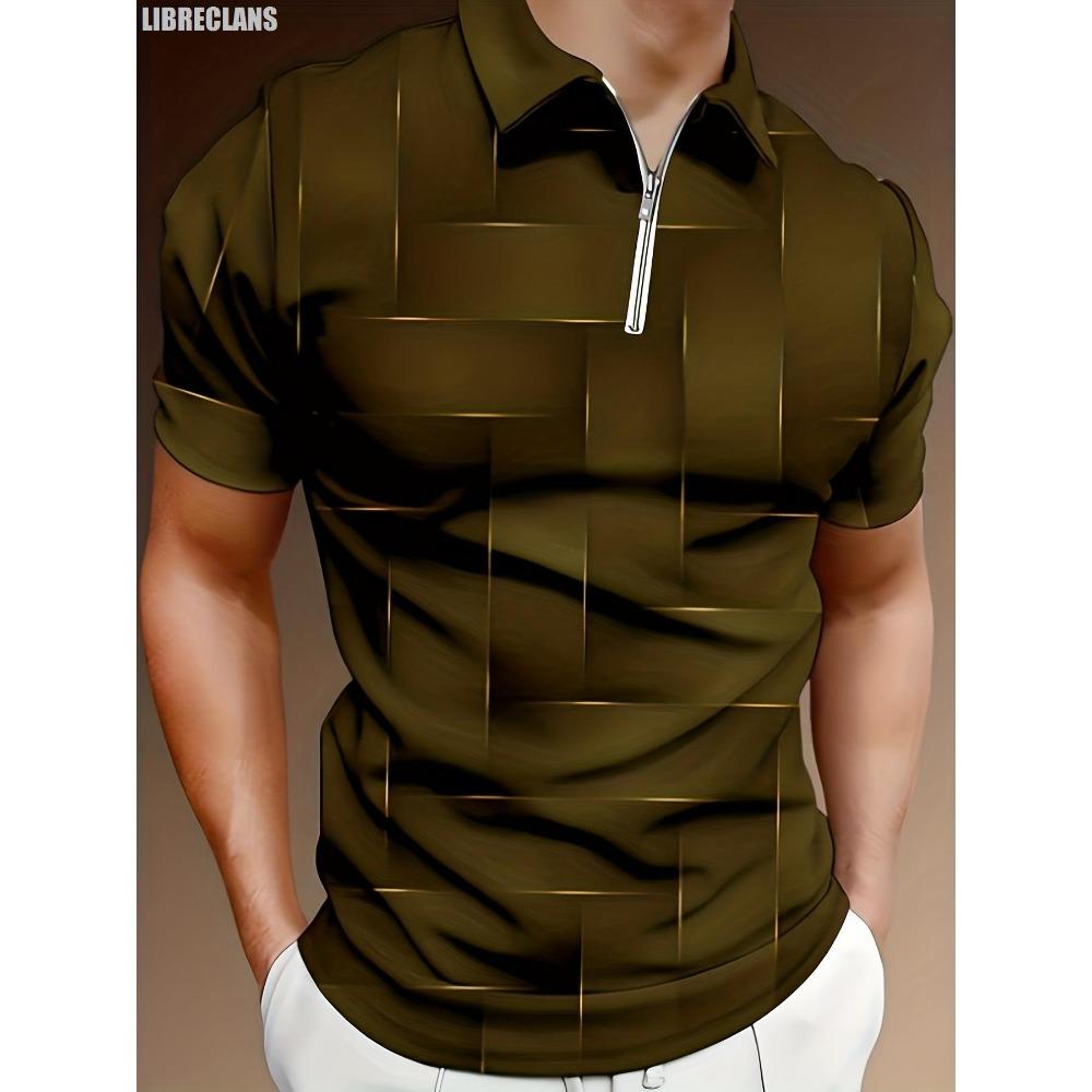 Men's gold checkered 3D printed retro polo ball, zippered polo ball, fashionable short sleeved top