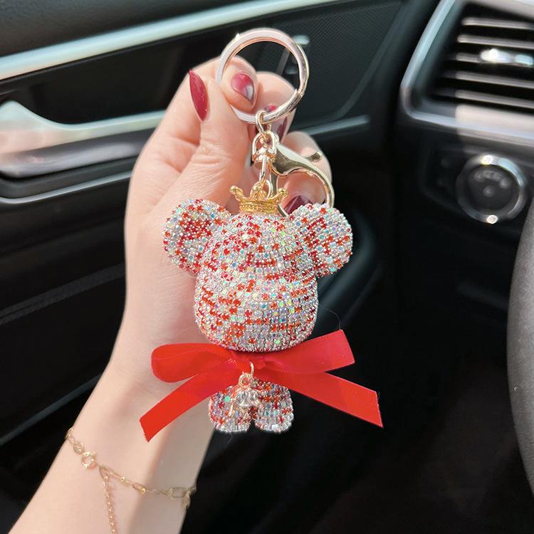 Stylish Diamond Crown Bear Keychain with Ribbon - Charming Doll Accessory and Elegant Gift