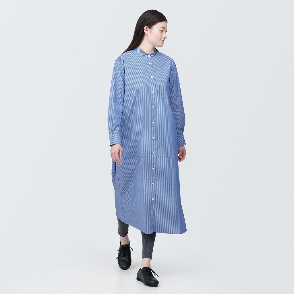 MUJI Rochie cu mânecă lungă, rezistentă la riduri, cu guler lat, BC2IMA4S, cu dungi bleumarin XS, femei, femei, femei