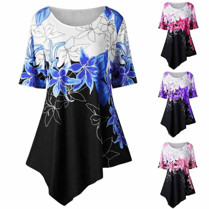 Fashionable Women Ladies Asymmetric Hem Floral Print T-shirt Tunic Tops For All Sizes