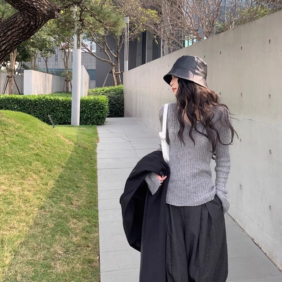 Amerikanischer Retro V-Ausschnitt Grauer Pullover Damen Herbst Winter Basisschicht Slim Fit Stricktop