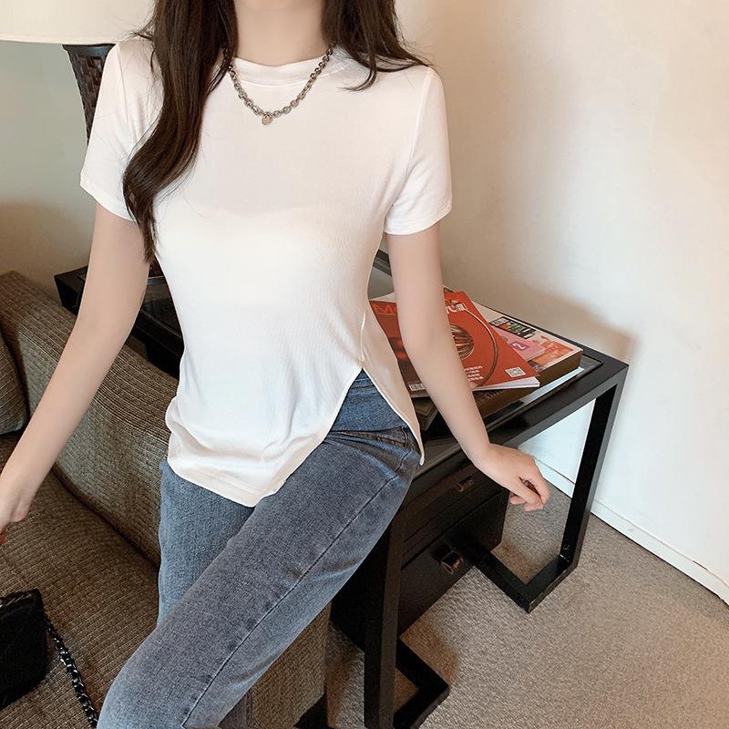 

2024 Модная черная футболка слим-фит с разрезом сбоку - Женский шикарный топ с коротким рукавом XXL белый