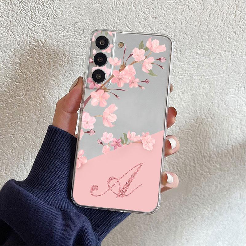 Clear Case For Samsung Galaxy S22 S20 FE S21 Plus S10 Lite S9 S8 S10e Note 20 Ultra 10 9 8 Phone Cover Flower Letter Pink A B C