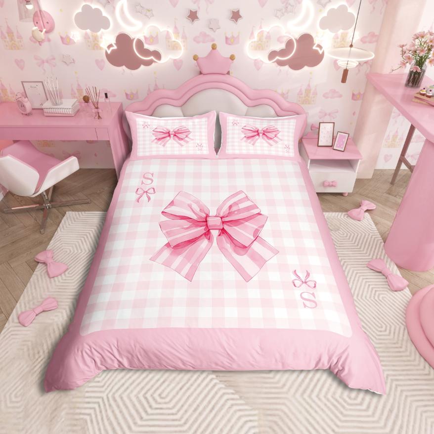 Homewish Kawaii Monogrammed Alphabet Duvet Cover Set Cartoon Ribbon Cherry Bedding Set Dreamy Fairy Tale Reversible Decor
