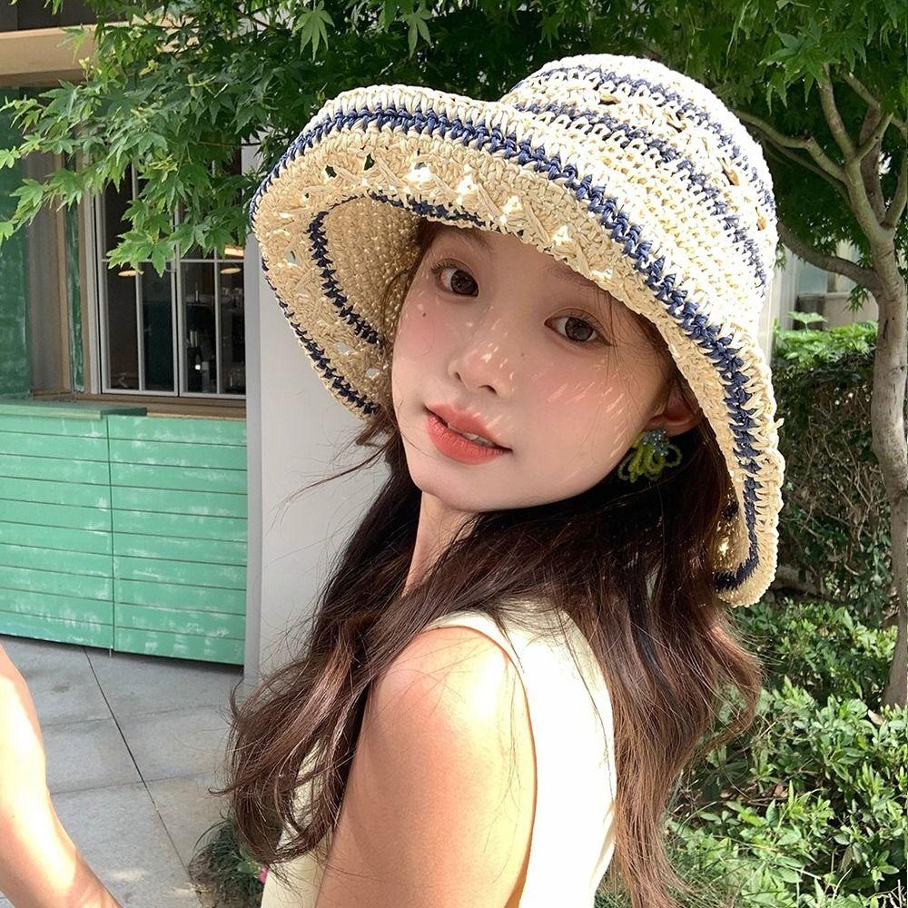 Beach Weave Crochet Hat Handmade Fisherman Caps Ins Straw Bucket Cap  Female