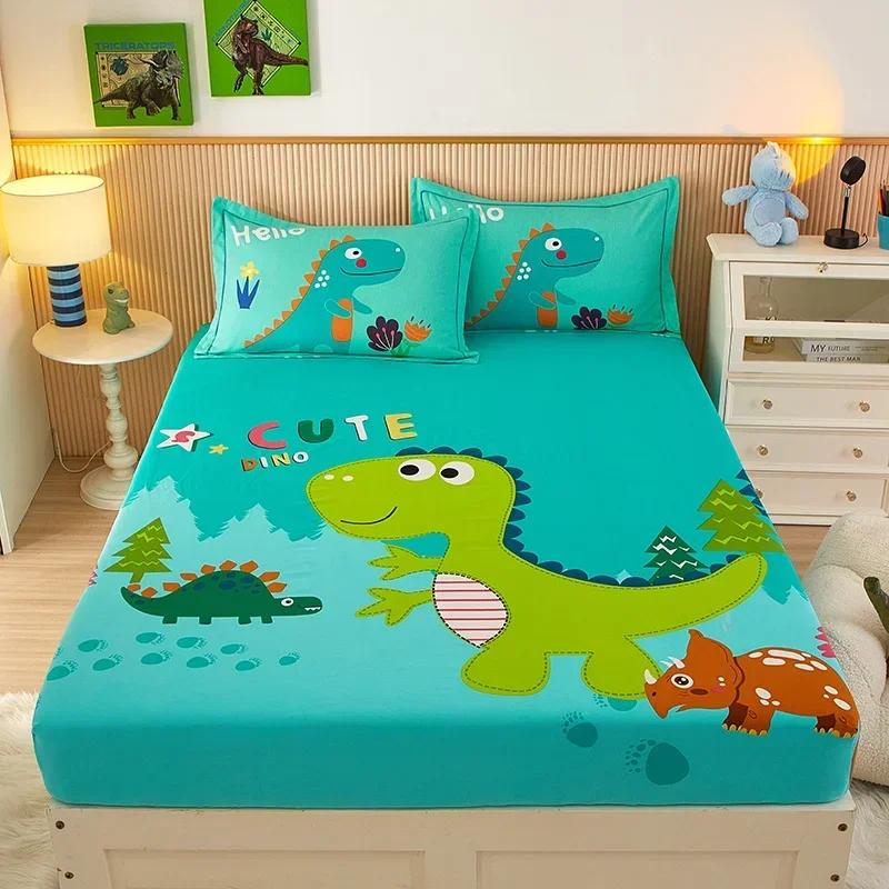 Cute Teddy Bear Pattern Fitted Sheet Set 100% Cotton Anti-slip Mattress Cover with Pillowcases Home Bedding Set for Boys Girls