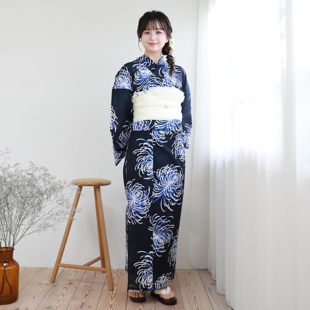 Yukata Set Blue with White and Light Blue Love Yukata Set [Brilliant Peace] "Wa Nadeshiko" Women's "Navy Chrysanthemums" Heart-Pounding 2-Piece