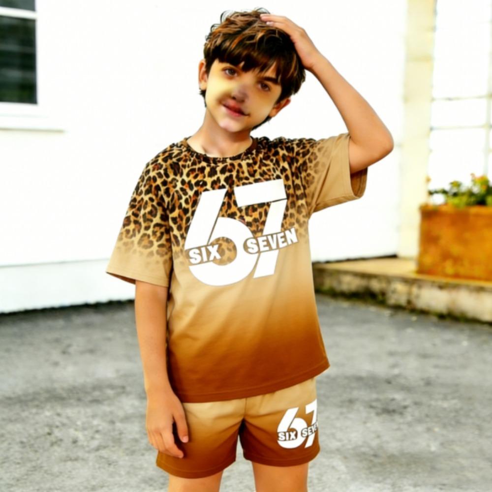 Fashion 67 Leopard Colorful Gradient Printed Kids T-shirt and Shorts 2 Piece Set Summer Casual Outfit for Boy's and Girl's Kids Clothing Top