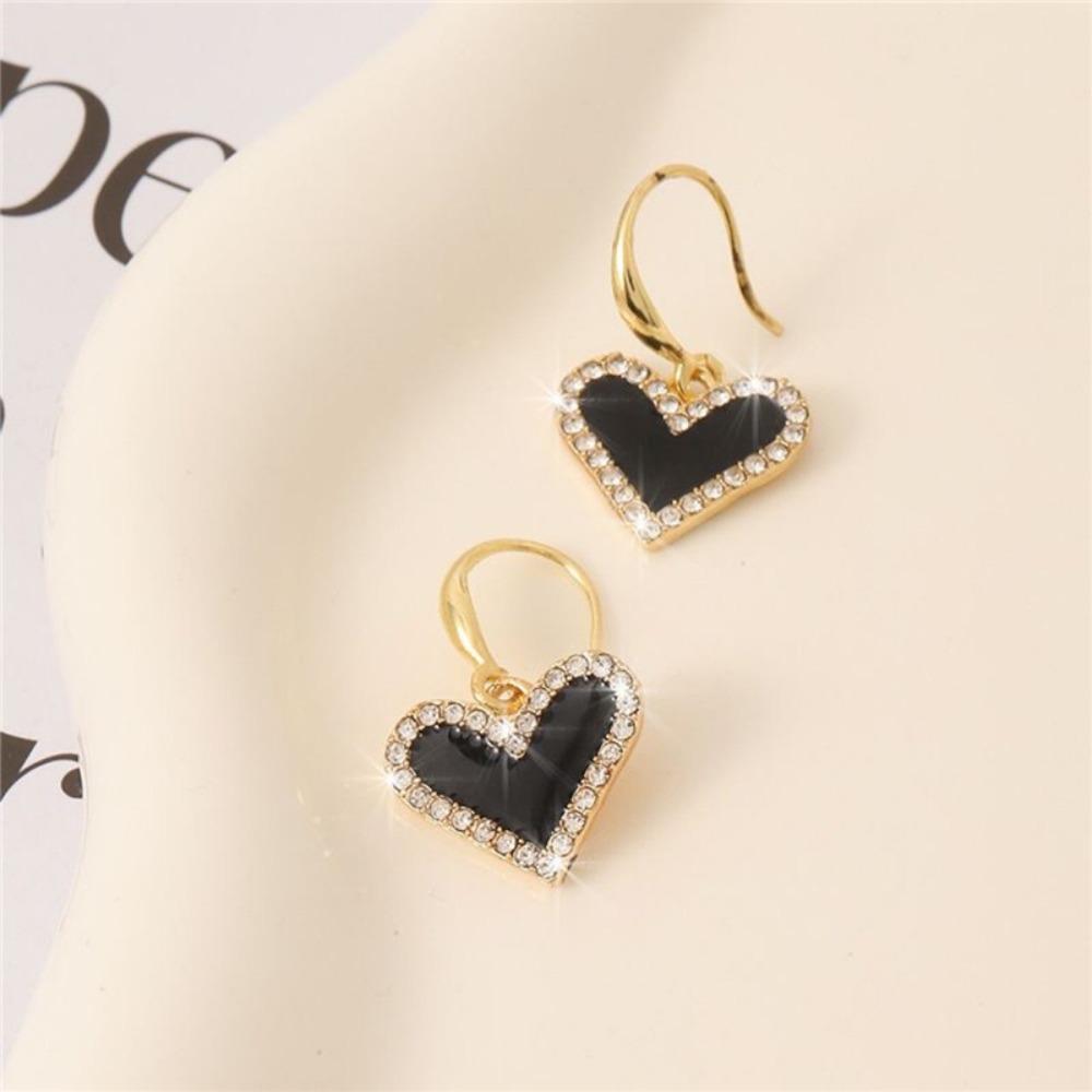 Korean Personality Shiny Zircon Rim Black Heart Pendant Shape Dangle Earrings for Women Exquisite Sweet Jewelry Accessories Gift