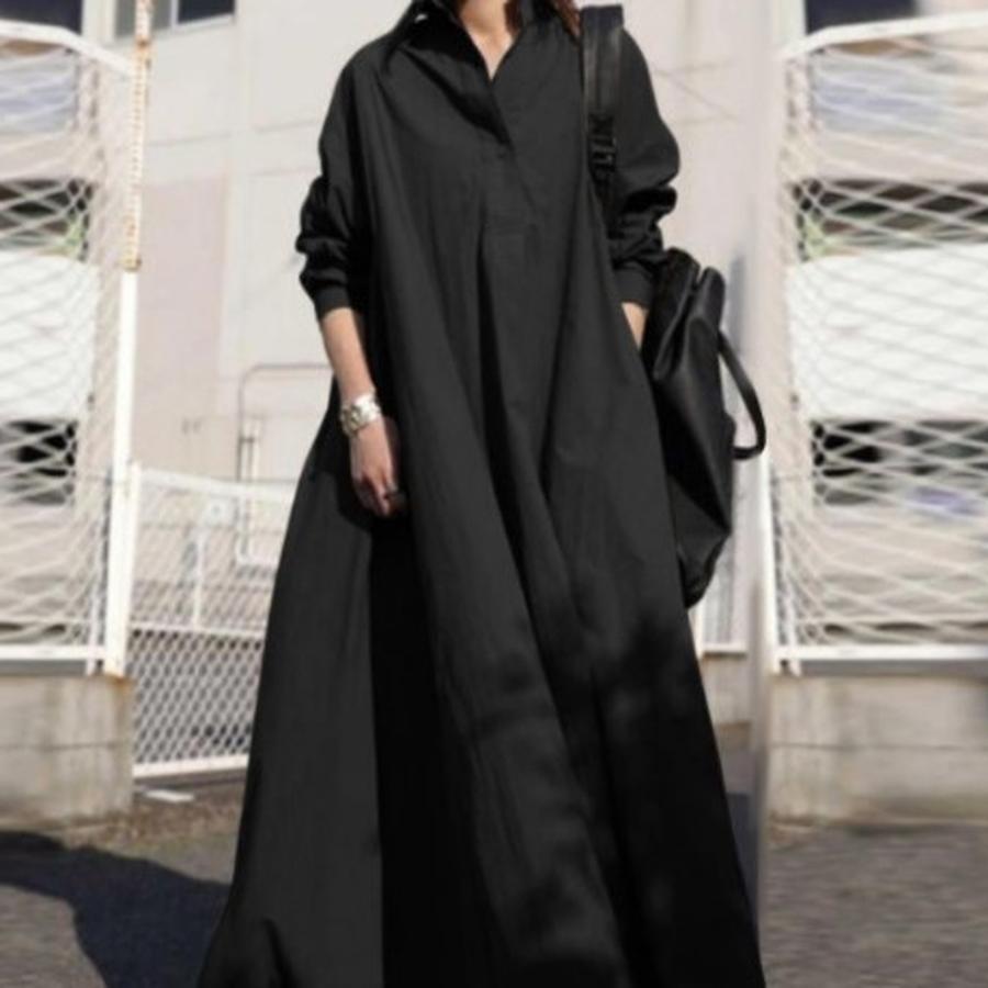 

Autumn Long Sleeve Maxi Dress Solid Cotton Linen Retro Ethnic Style Wide Dress S чёрный
