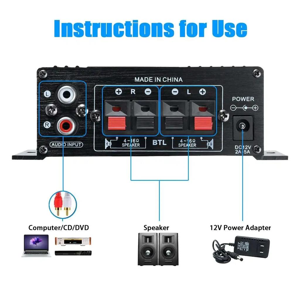 Home Mini Amplifier DC12V Audio Power Amplifier Stereo Subwoofer Bluetooth Player For Home Speakers and Car Media Systems
