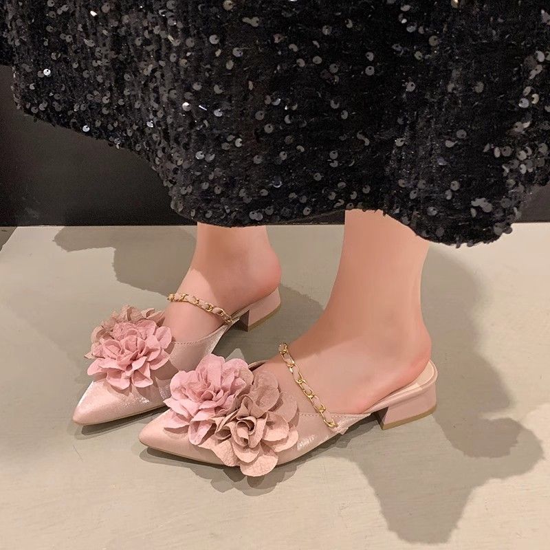 

Pointed Toe Flowers Women s Slippers and Ladies Sandals Medium Heel New Style Mules Shoes Elegant Fashionable 2025 Luxury Slides 35