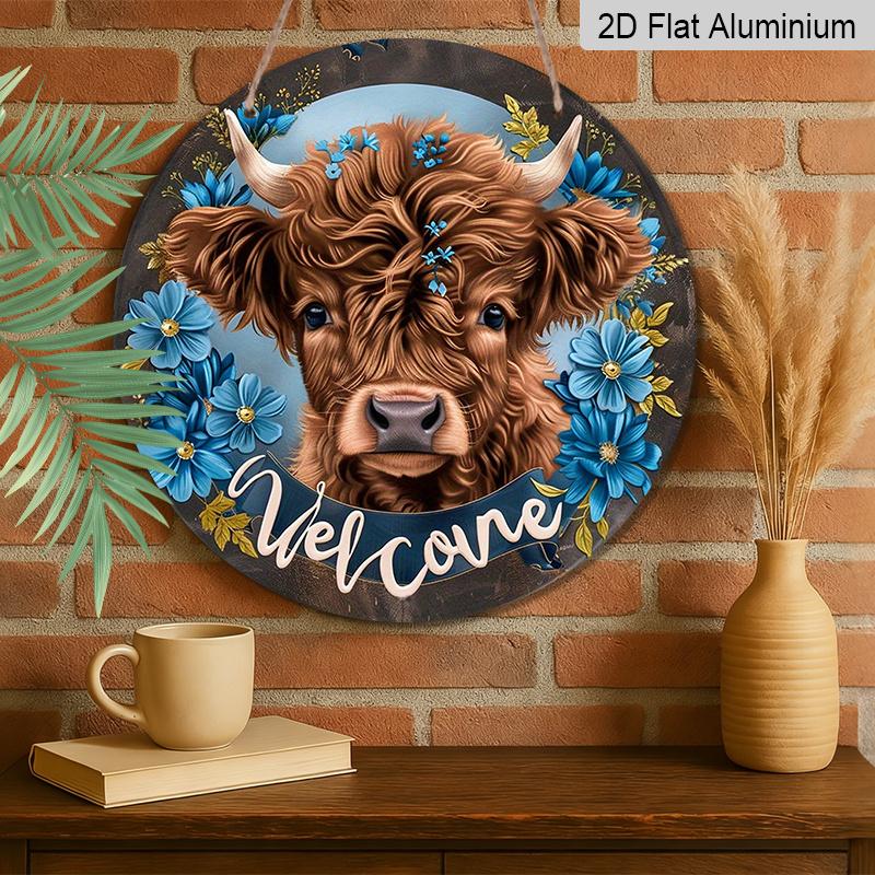 2D Flat, 1pc Round Aluminum Hanging Sign, Charming Highland Cow with Blue Wildflowers Pattern - Durable Outdoor/Indoor Welcome Decor for Front Door