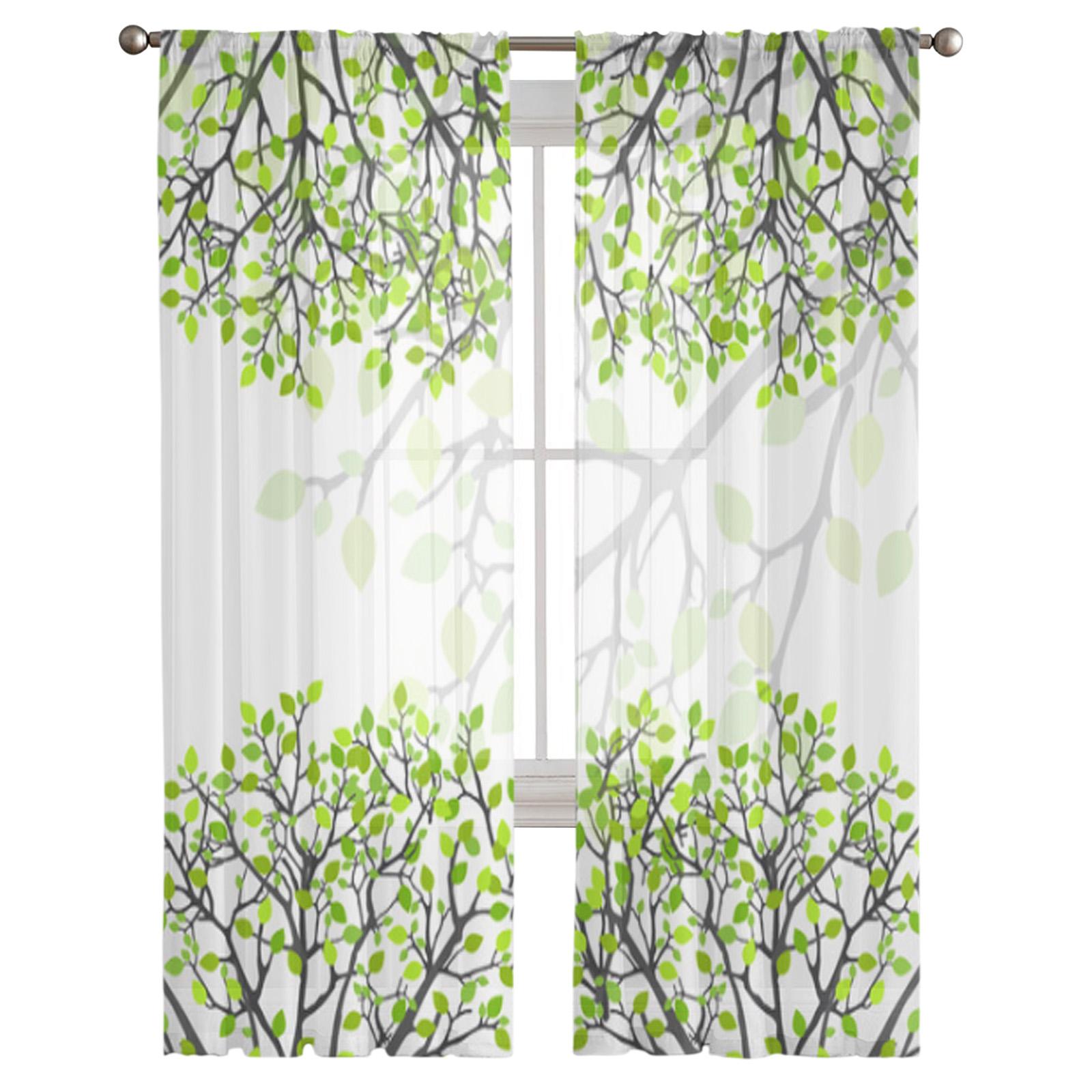 Абстрактные зеленые прозрачные шторы с рисунком природы для гостиной — фото 3