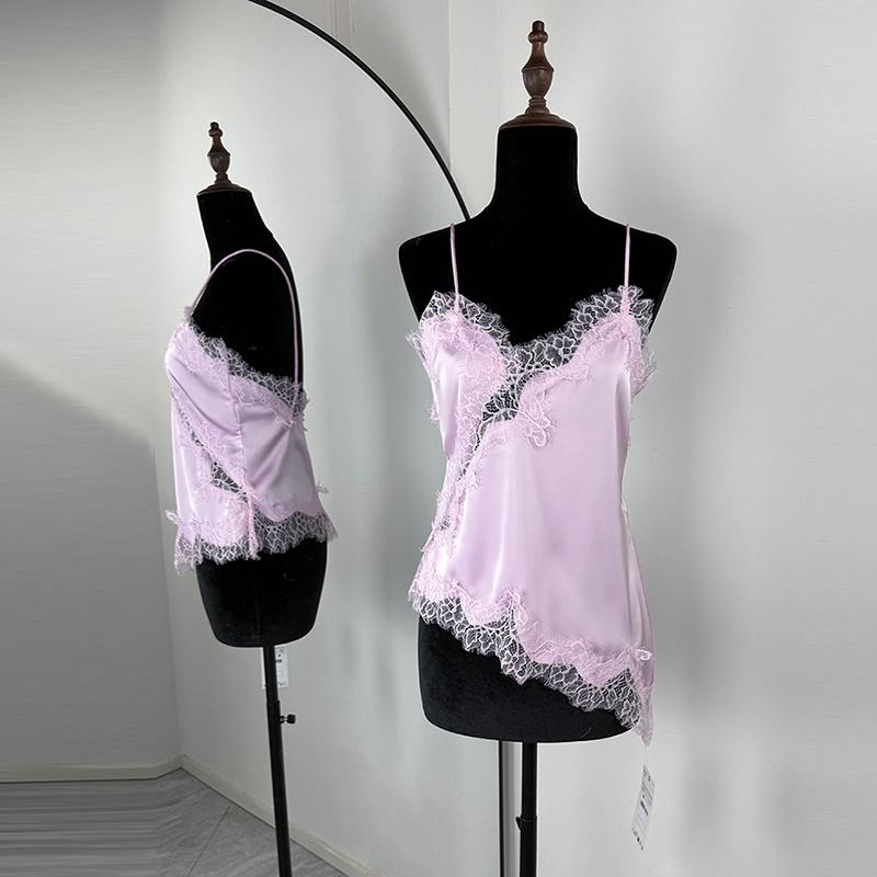 

Атласні Топи з Мереживною Вставкою Жіноча Майка 2025 Сексуальний V-подібний Виріз Без рукавів Асиметричний Приталений Кроп-Топ Майка з Оздобленням Y2K M