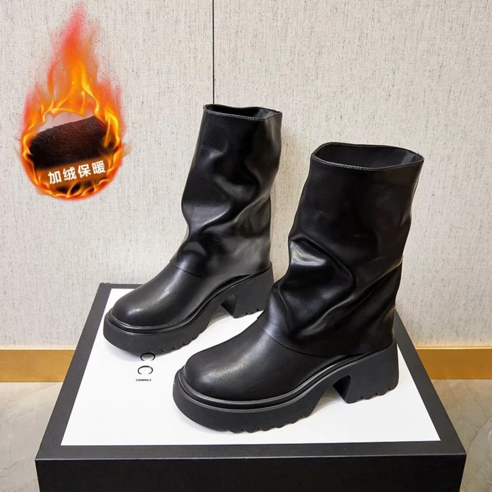 Herbst/Winter Dicksohlige Kurze Stiefel für Damen Neuer Stil Damen Erhöhtes Kleines Design Gefühl Hosenärmel Lederstiefel