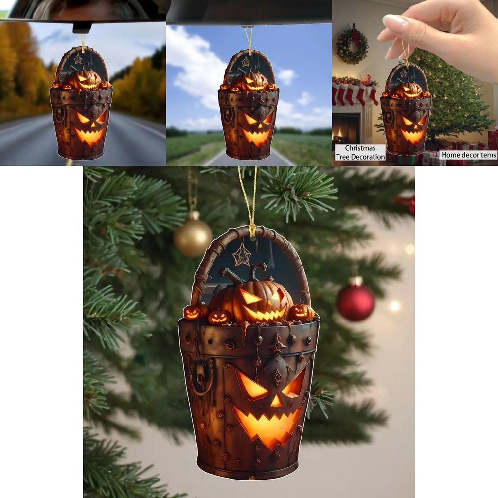 Acrylic Halloween Pumpkin Head Bucket Car Rearview Mirror Pendant With Cartoon Style For Vehicle Decor