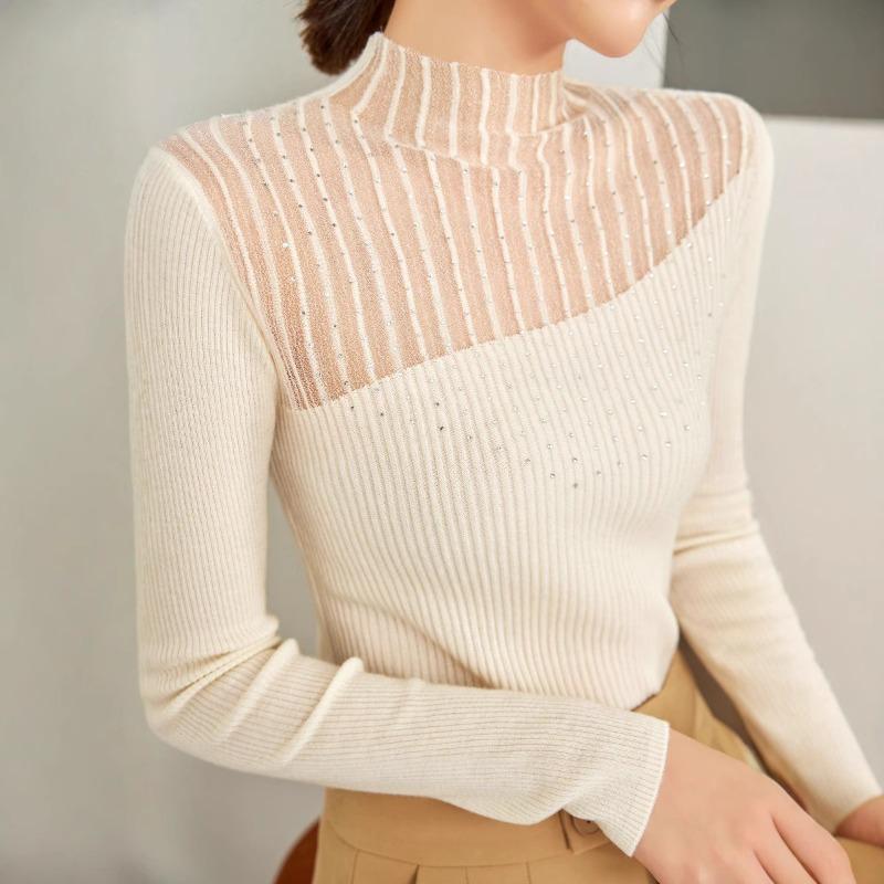 Semi-turtleneck mesh splicing hot diamond bottoming shirt women's autumn new slim-fitting inner micro-transparent silk wool knitted sweater