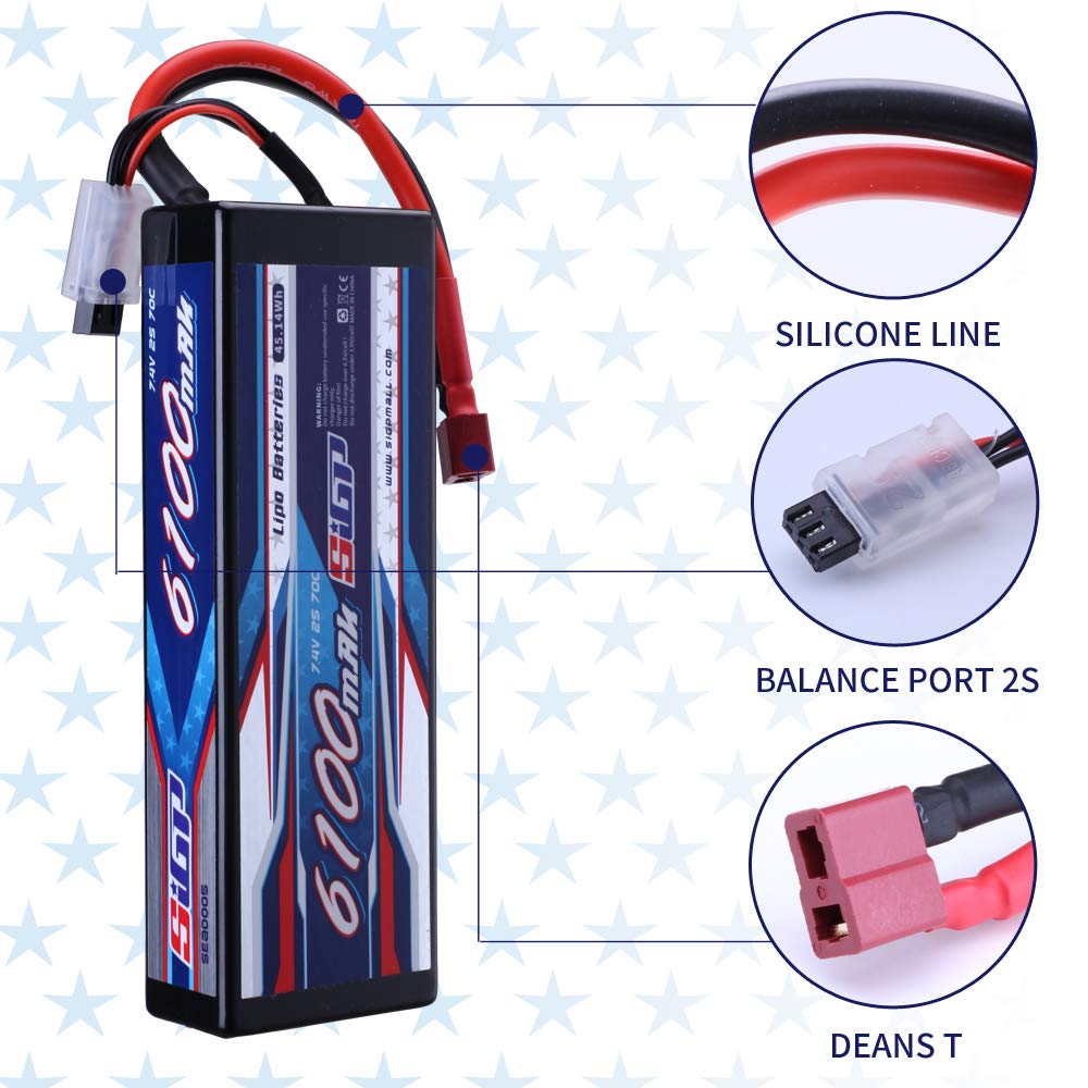 SIGP 2S 7.4V LiPo 6100mAh 70C Hard Case with Dean T Plug for RC Car Truck Boat Vehicle Tank Buggy Racing Hobby