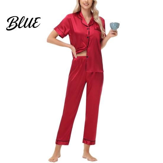 Front Button V-neck Pajamas 2 Pcs/Set Suit Satin Single-breasted Ice Silk Plus Size Cardigan Shirt V Elastic Band Pajama Bottoms Neck Notch
