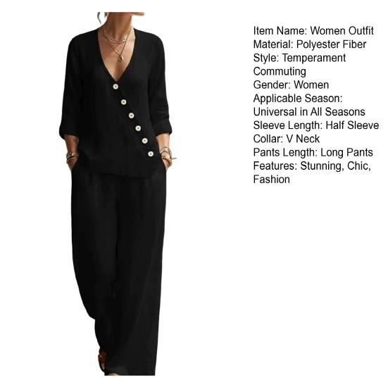 Women's Summer 2 Piece Sets Casual Half Sleeve V Neck Buttons Top And Wide Leg Pants Lounge Outfits with