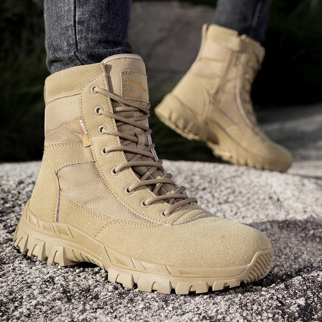Chaussures de randonnée d'extérieur pour hommes Bottes en cuir montantes Bottes tactiques militaires Chaussures noires à semelle épaisse Résistantes à l'usure Zapatillas Homme