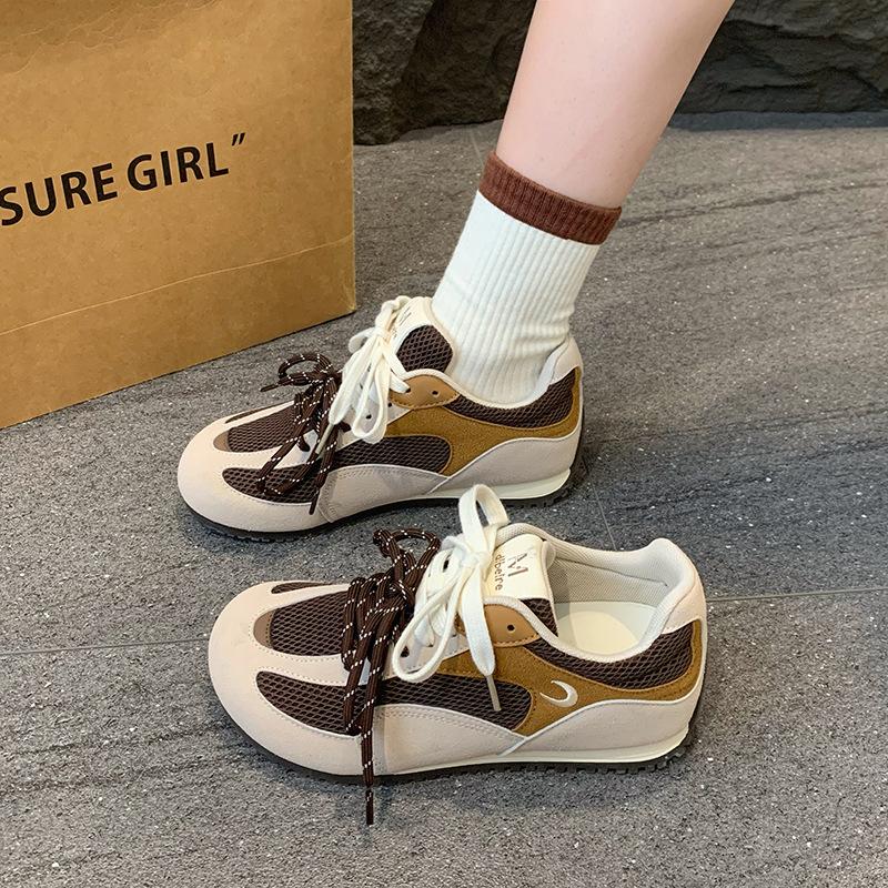 Double cowhide version shoelaces breathable inner height increase moral training shoes women's spring and summer flat mesh letters ugly cute casual
