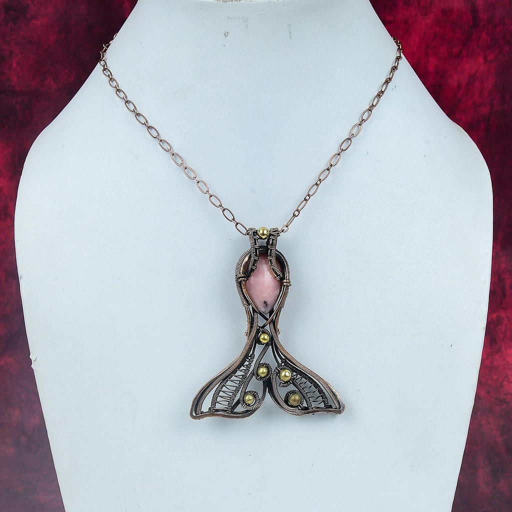 Pink Opal Gemstone Pendant Handmade Fish Jewelry Copper Wire Wrapped Pendant