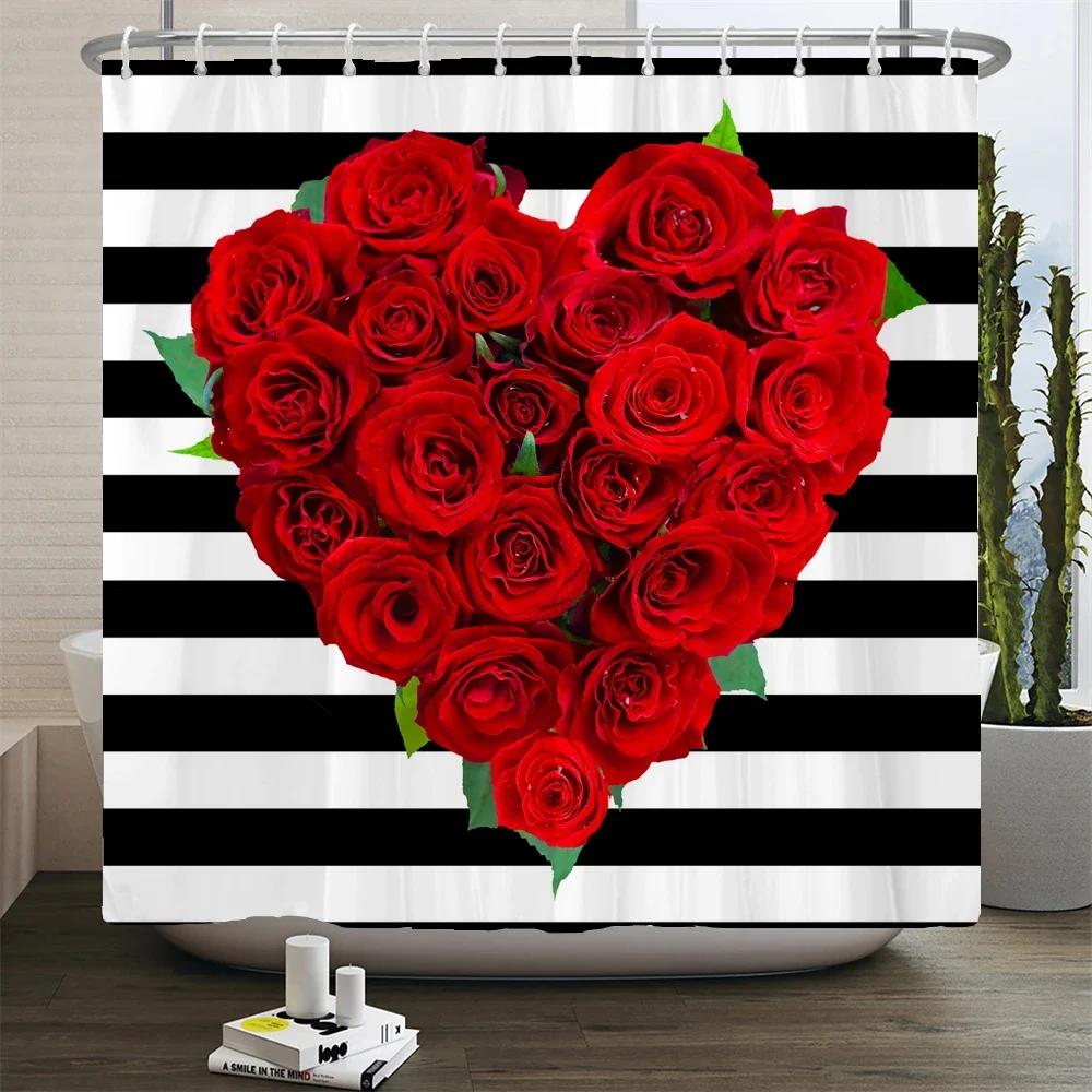 Perfume Bottle Flower Shower Curtain Set Black White Stripes Fashion Girl Woman Bathroom Decor Polyester Bath Curtains Hooks