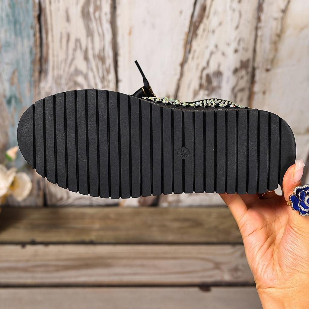 Size 35-44 Fashionable, Versatile, Elegant, Comfortable Lace-Up Chunky Sole Sequined Studded Sneakers