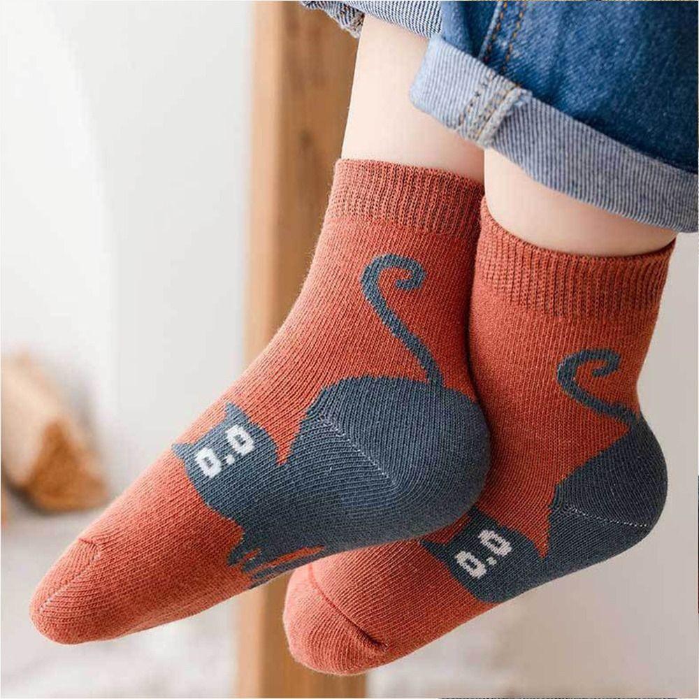 5 Pairs Comfortable Toddler Baby Mid-Calf Socks Cat Design Children's Socks  for Boys and Girls