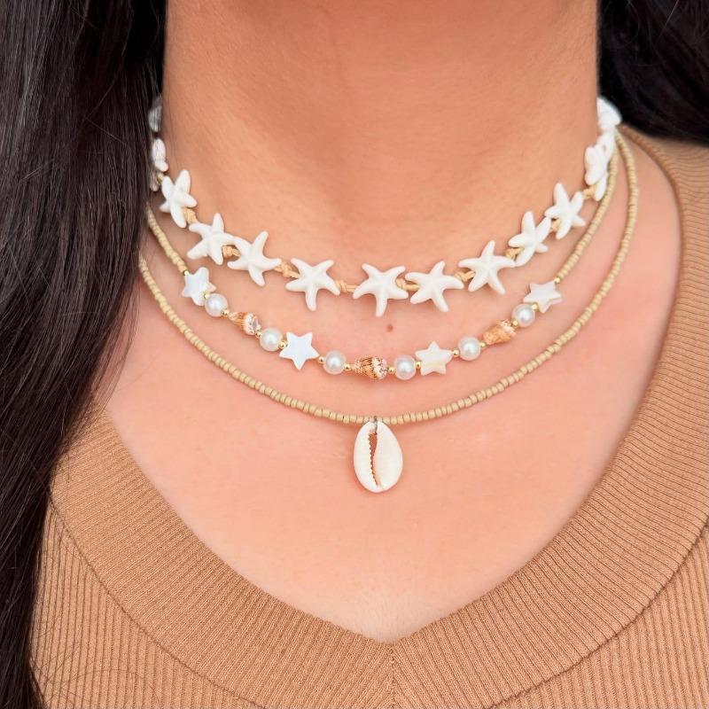 Ocean Resort Wind Starfish Conch Shell Necklace Light Luxury Niche Rice Bead Pearl Necklace Set