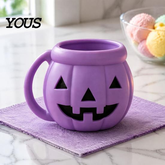 Funny Pumpkin Kitchen Organizer Halloween Ice Cream Cup with Spoon, Keeps Hands Warm Dessert Holder Cup, PLA Creative Sleeve for Home Party