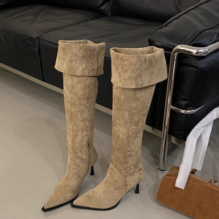Over-the-knee Boots for Women, Two Wearing Large Tube Circumference, New Suede Pointed Stiletto High Heel Pleated Piled Boots In Autumn and Winter 20