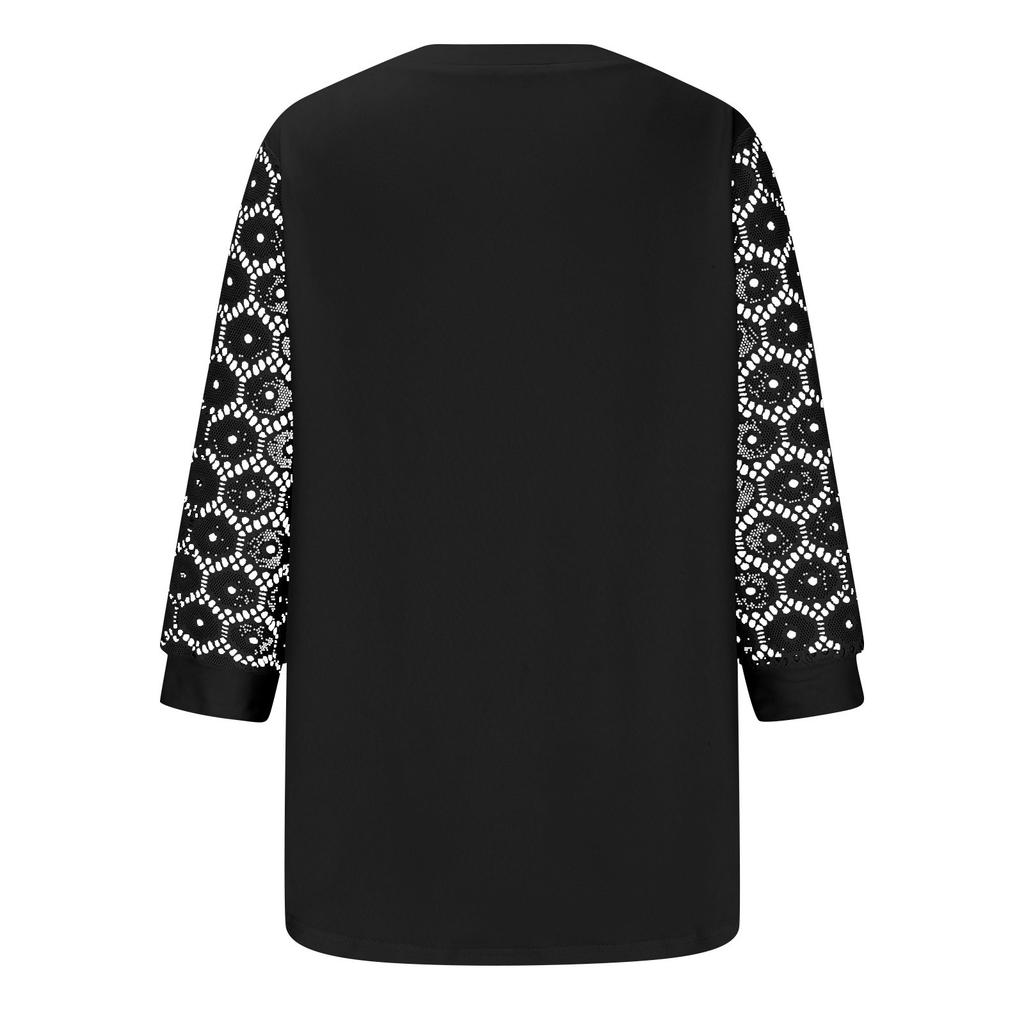 Women's Seven Quarter Sleeved V-Neck Color Lace Patchwork Casual Top Casual Top