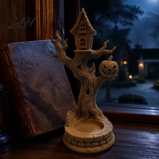 Small Decorative Hut Models 3D Printed Halloween Tree House Ornament with Pumpkin, Spooky Table Detailed Resin Style Figurines Centerpiece,