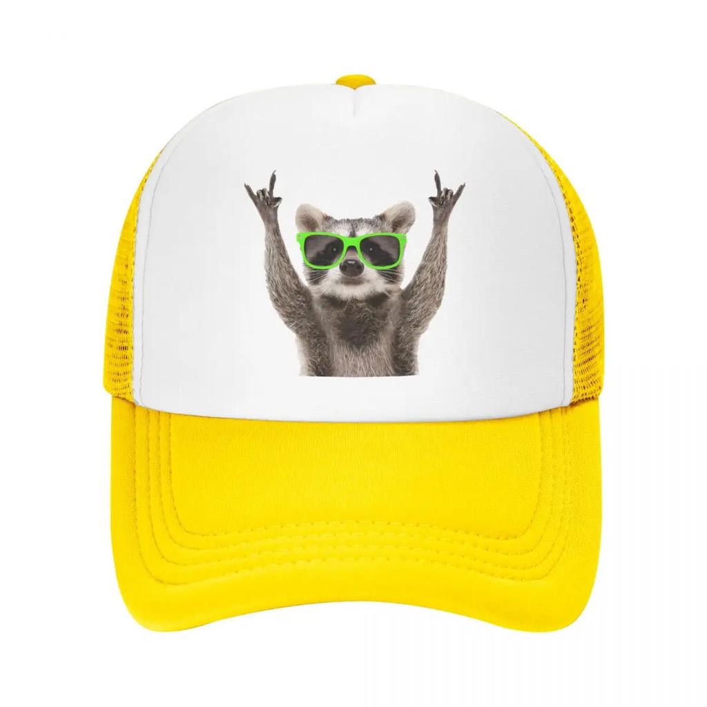 Custom Funny Green Sunglasses Raccoon Trucker Hat for Unisex Women Adjustable Unisex Baseball Cap Outdoor Dad Hat