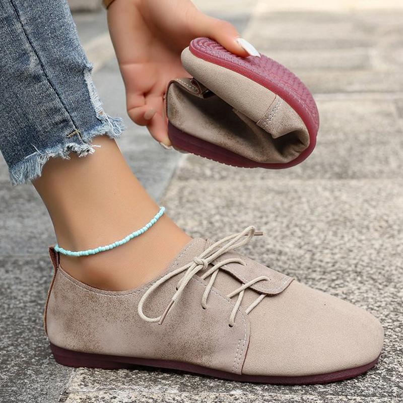 Brown Round Toe Flats Shoes Women Faux Suede Lace Up Flat Shoes for Woman Plus Size Soft Walking Casual Shoes Female